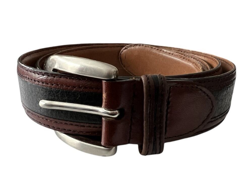 Johnson & Murphy Belt Men’s 44 Black Pebbled Leather & Brown Brass Buckle Italy
